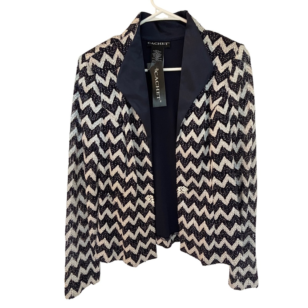 Vintage Cachet Woman's‎ Navy Silver Metallic Chevron Evening Jacket Size 8 NWT